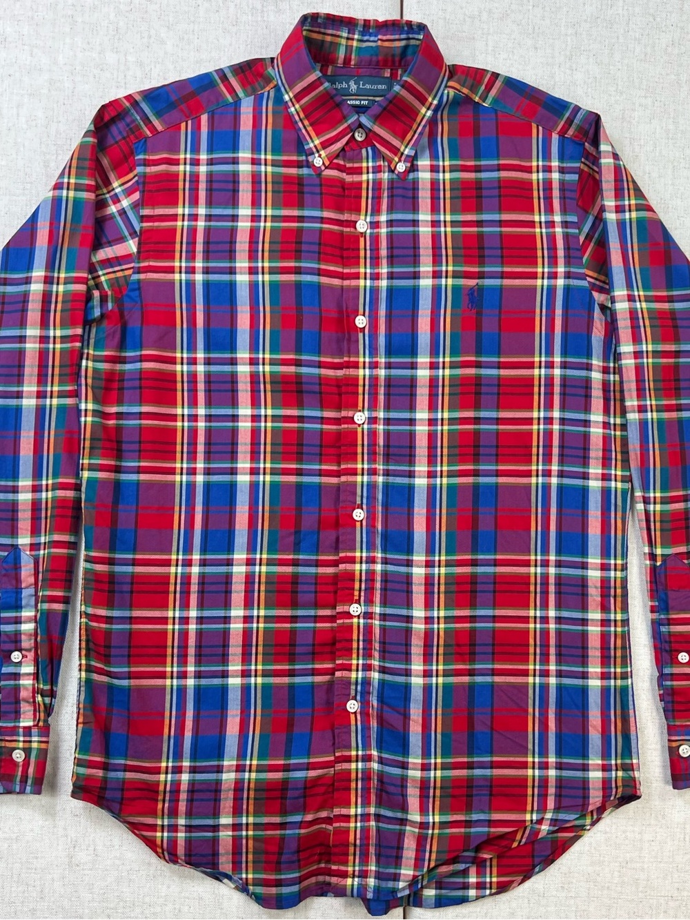 Ralph Lauren Red Blue Madras Plaid Shirt Oversized Boyfriend Button Down Prep S